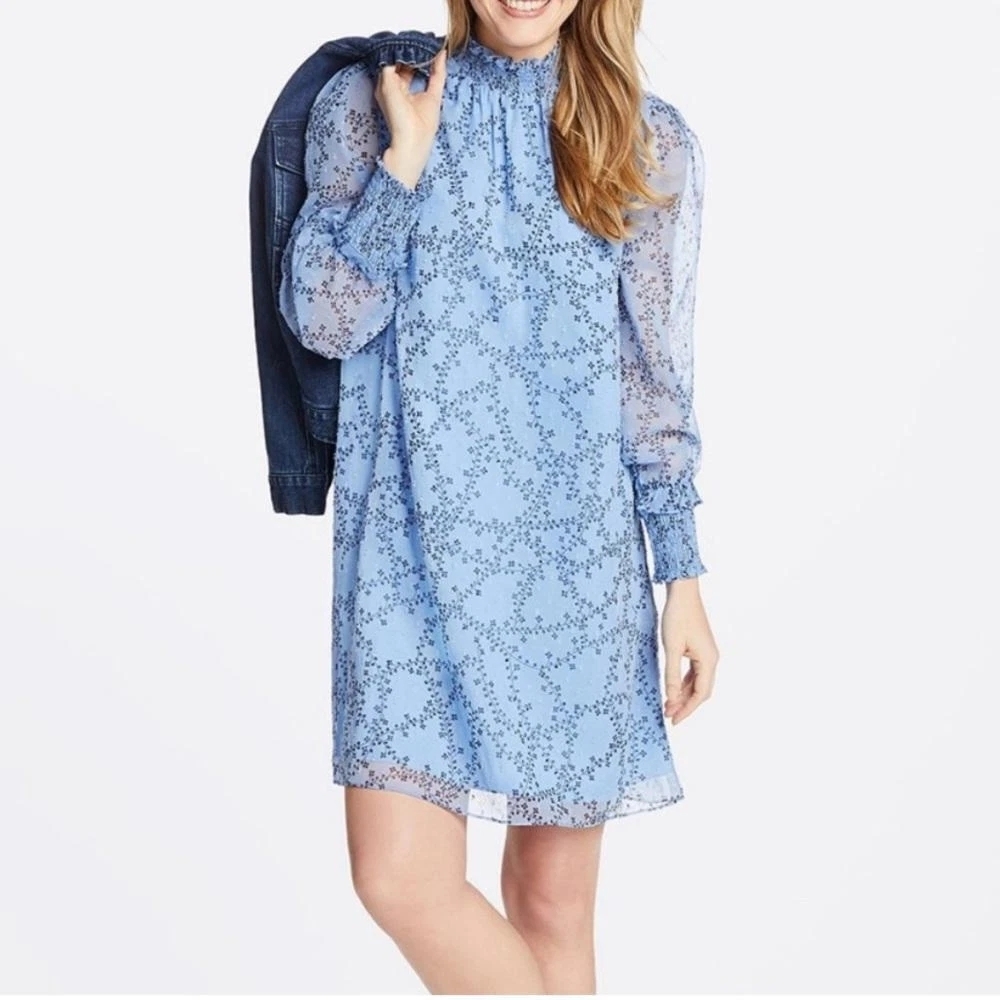 NWT Draper James Women's Swiss Dot Multi Blue Floral Long-Sleeve Dress Size M